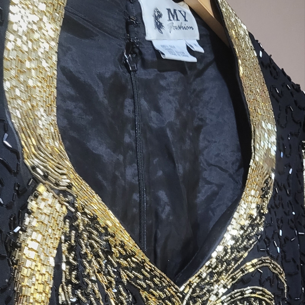 Vintage black & gold full length silk beaded formal gown - Picture 2 of 13